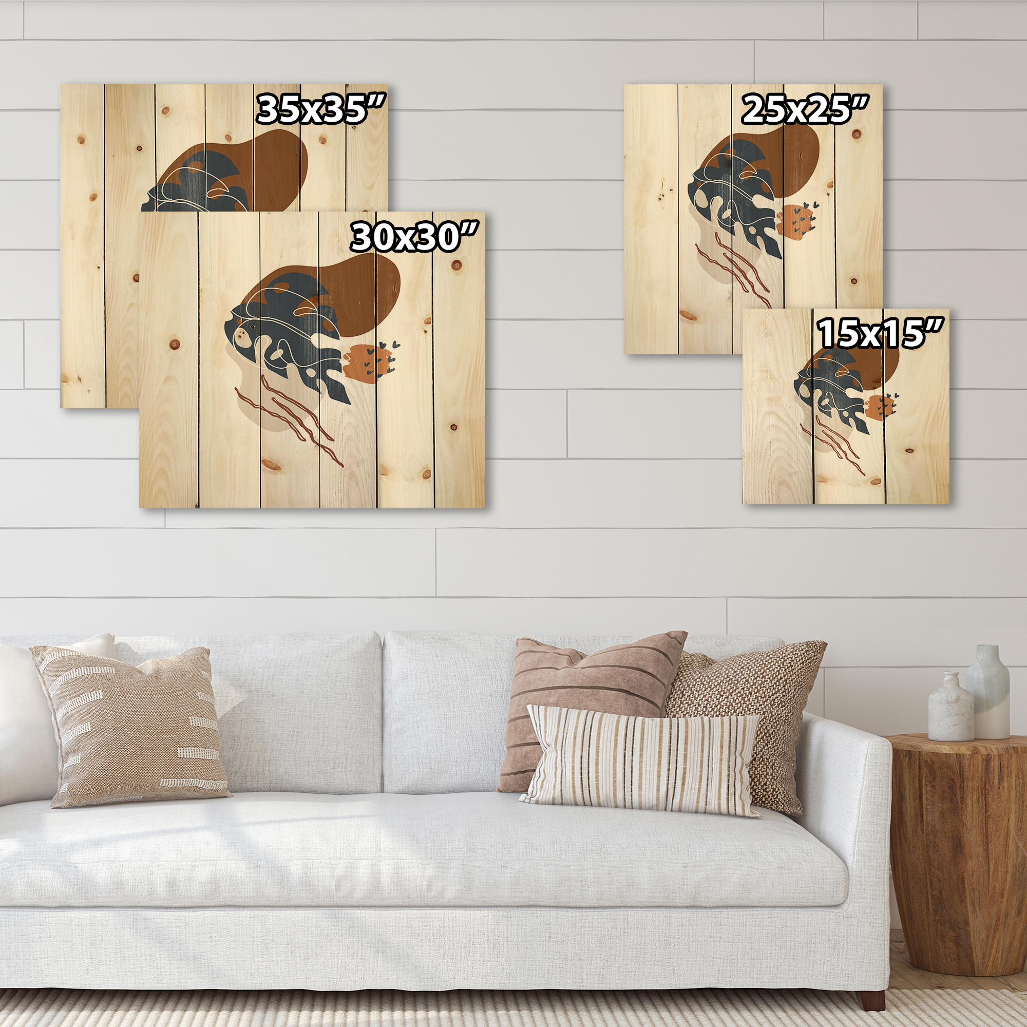 Designart 'Abstract Flowers Plants With Elementary Shapes III' Modern Print on Natural Pine Wood