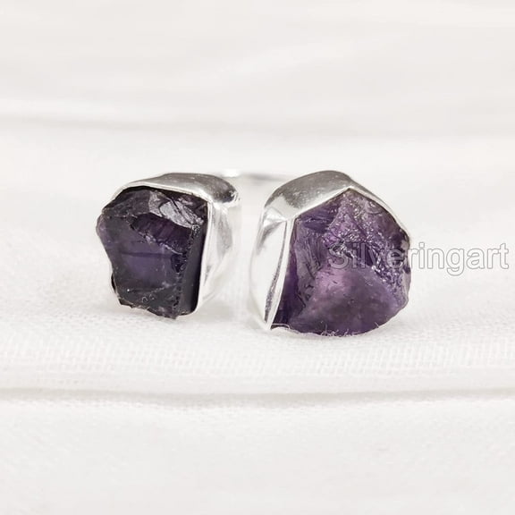 Natural Amethyst Ring, Raw Amethyst Adjustable Ring, Feb Birthstone, Double Stone, 925 Sterling Silver, Womens Ring, Christmas, Thanksgiving, Handmade, Statement Jewelry, Rough Gemstone Jewelry