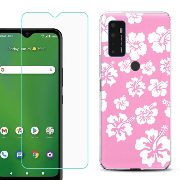 Shockproof Bumper Phone Case for AT&T Radiant Max 5G / Fusion 5G, with Tempered Glass Screen Protector, by OneToughShield ® - Hibiscus Pink