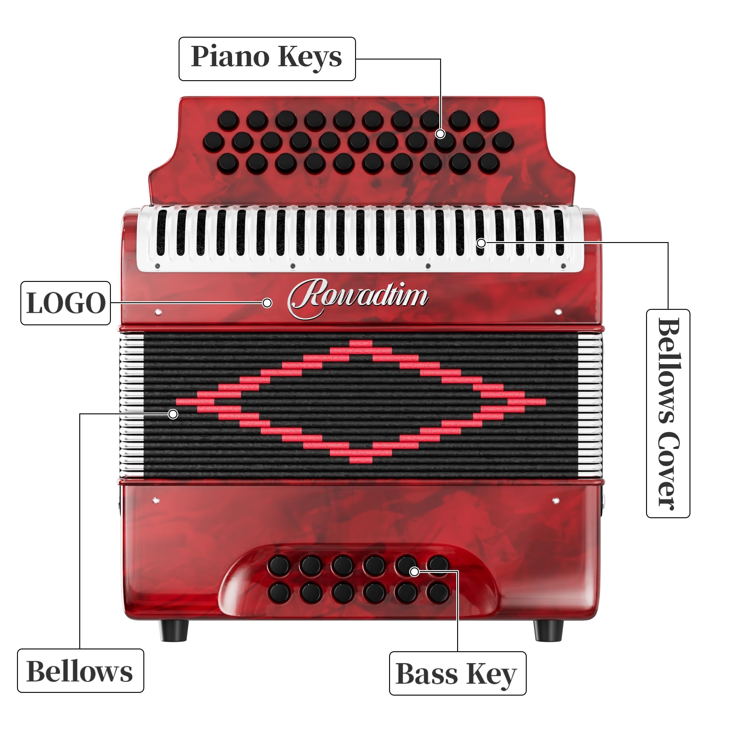 Rowadtim 31 Key Diatonic Accordions, 12 Bass Buttons (G/C/F Tuning) Suitable for Beginners, Adults, Performances and Teachers; Comes with  Case, Adjustable Strap, Gloves and Polishing Cloth (Red)
