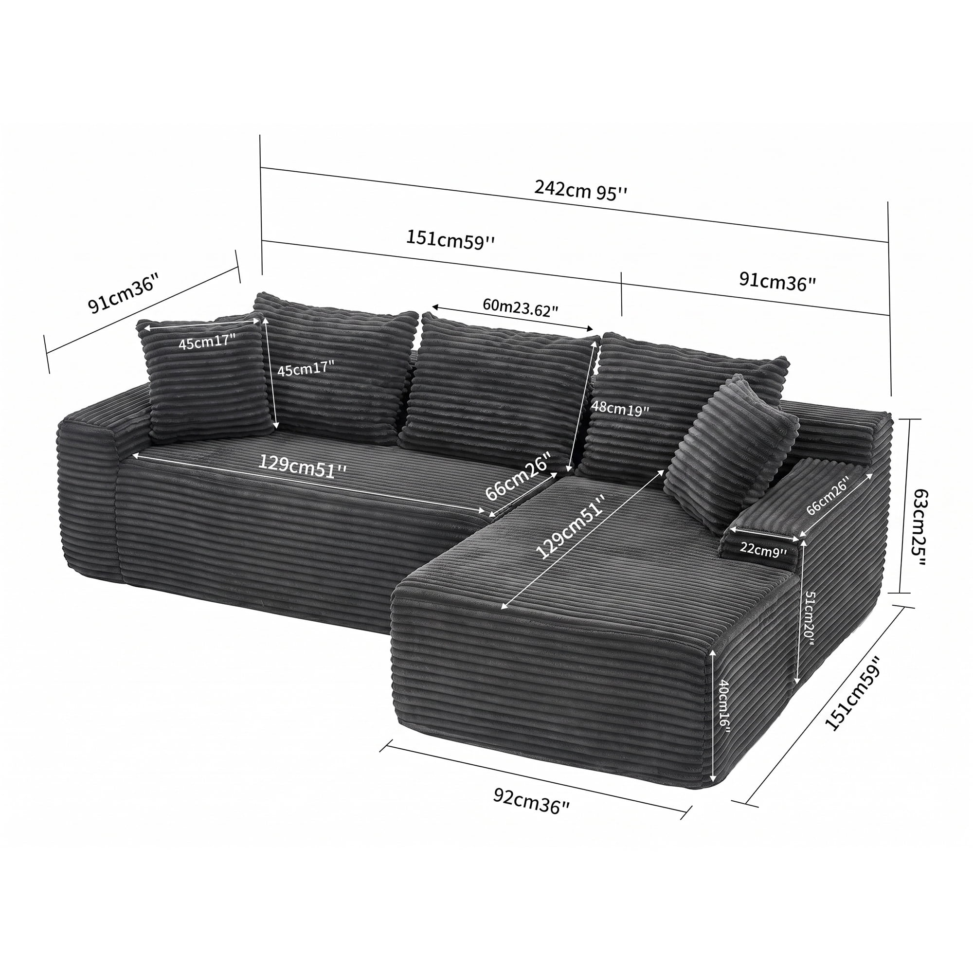 Leumius 95" Boneless Modular Sectional Sofa with Chaise,L-Shaped Comfy Corduroy Couch with Deep Seat,Upholstered Sectional Couch for Living Room, No Assembly,Gray