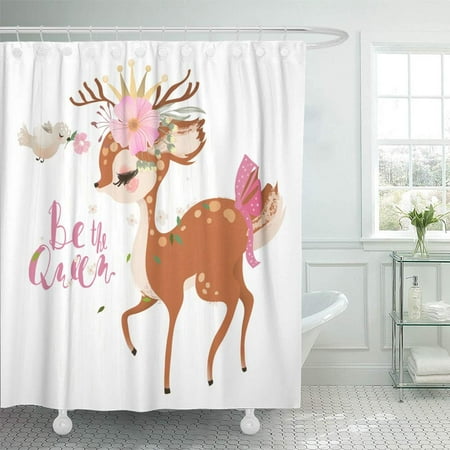 Baby Wreath - PKNMT Cute Romantic Dreaming Baby Princess Deer Fawn with Floral Wreath Crown Bird Waterproof Bathroom Shower Curtains Set 66x72 inch