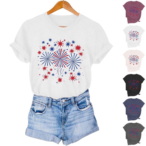 Mifsaly Independence Day Cotton Top Women Fireworks Print Crewneck Short Sleeve T-Shirt 4Th of July Celebration Patriotic Tees M