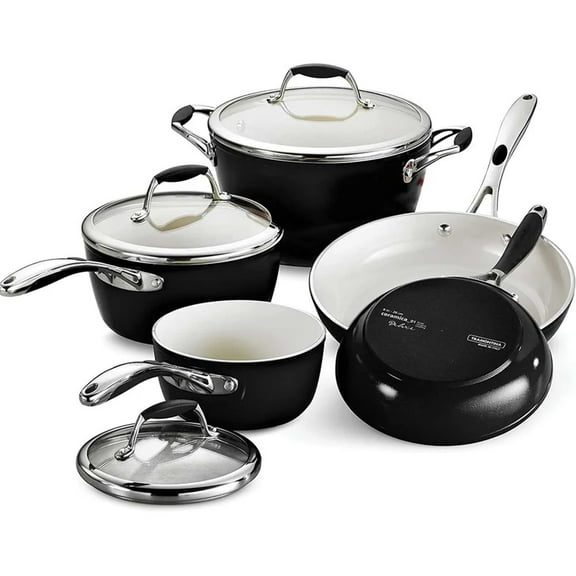 Tramontina Gourmet 8-Piece Heavy-Gauge Aluminum Porcelain Enamel Cookware Set, Black, Oven-Safe