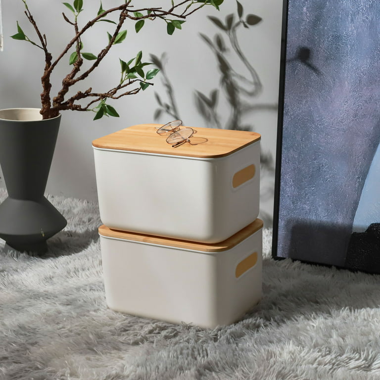2-Pack White Storage Bin with Bamboo Lid