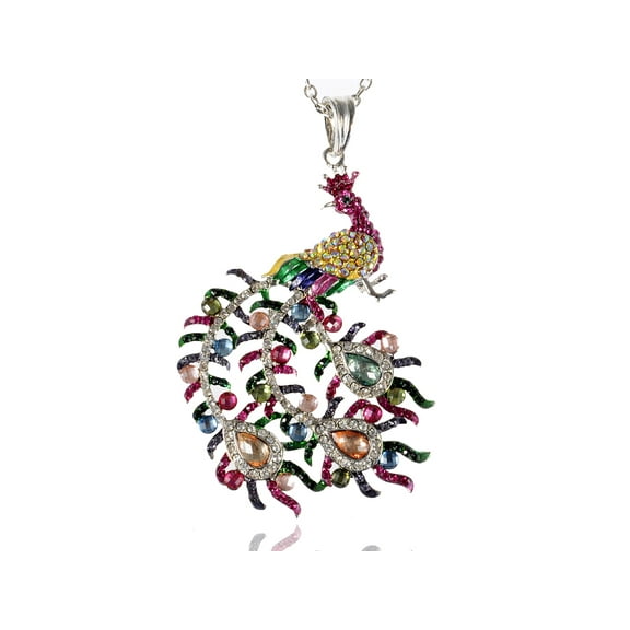 Rainbow Pastel Colorful Crystal Rhinestone Phoenix Peacock Bird Pendant Necklace
