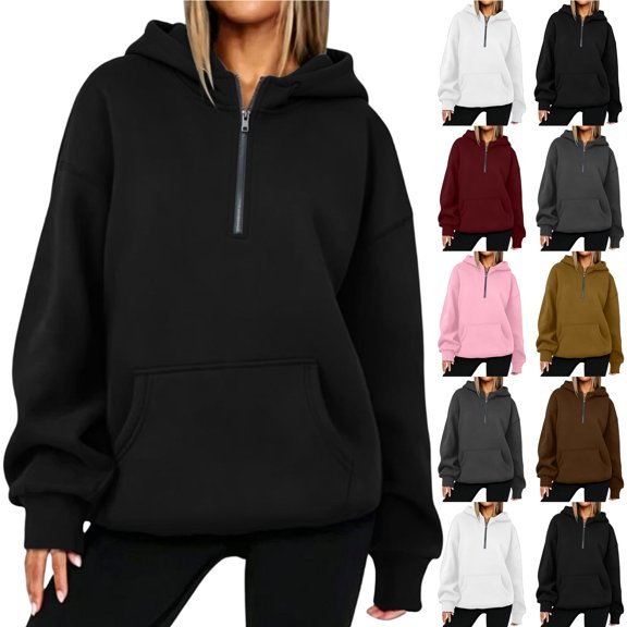 Smsaxvxz Womens Hoodies Soft Half Zipper V Neck Long Sleeve Sweatshirts With Pocket 2026 Fall Winter Fashion Oversized Clothes Black S