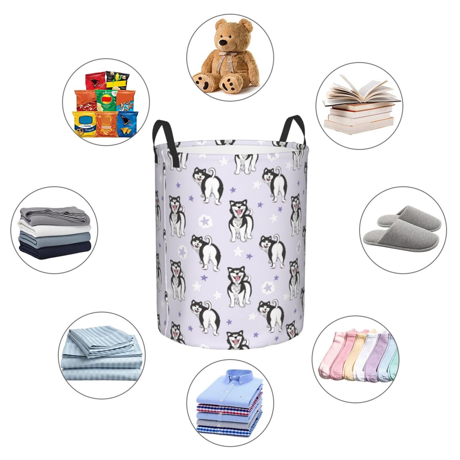 Large Laundry Basket with Handles - Cartooncute Funny Husky Purple Kids Baby Dirty Clothes Laundry Hamper for Bedroom Aesthetic