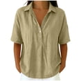 thumbnail image 2 of CheerKidz Women's Solid Color Collared V-Neck Short Sleeve Button-Down Shirt Beige L, 2 of 6