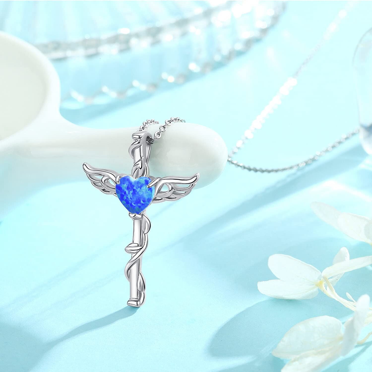 Coachuhhar Angel Wing Cross Necklace 925 Sterling Silver Blue Opal Cross Crucifix Pendant Necklace Guardian Angel Wings Necklace Cross Jewelry Gifts for Women