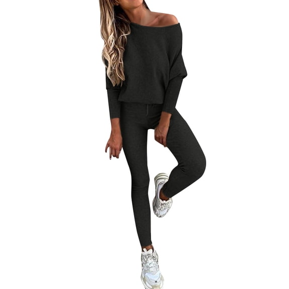 HJYCHN Women Outfit Sets Solid Long Sleeved Hoodie Sports Suit with Trousers Athletic Look Outfits Long Sleeved Hoodie Sports Sets Active Wear Black L
