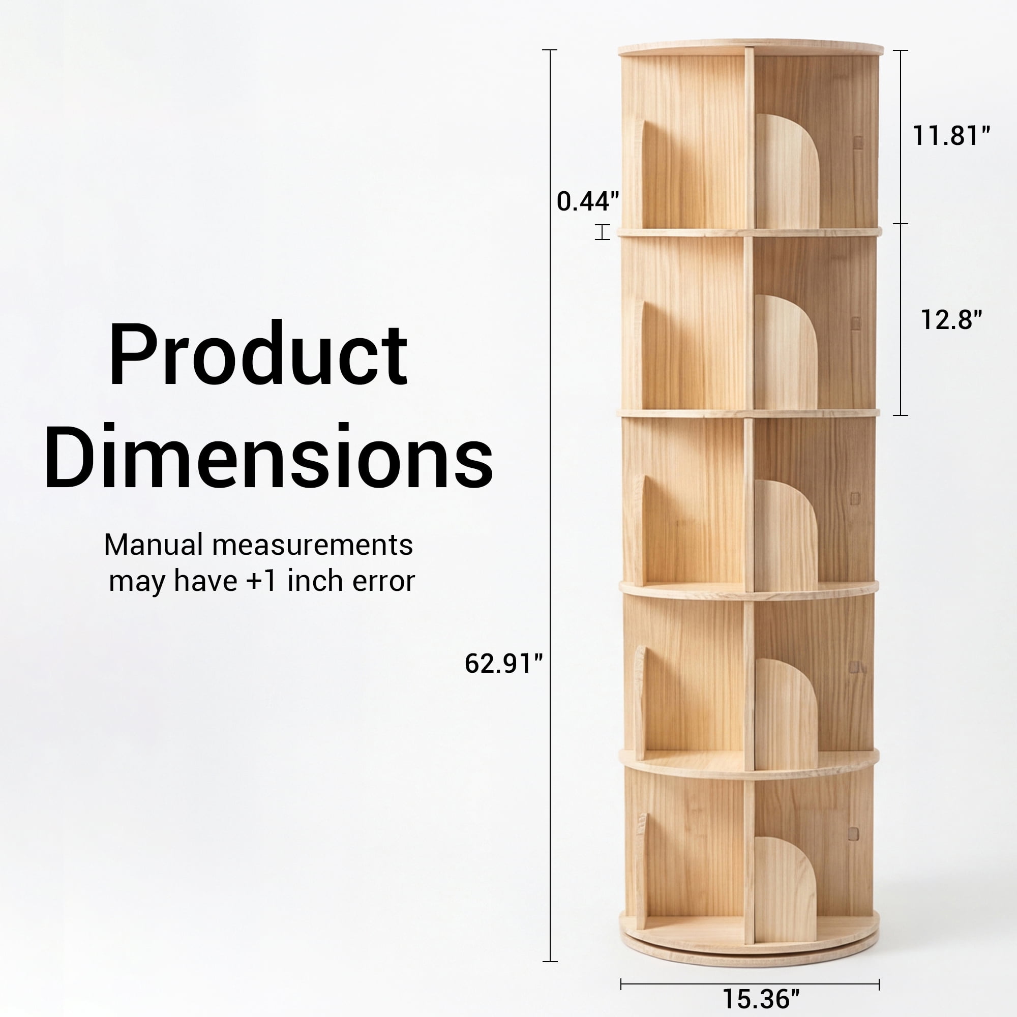 5 Tier Rotating Bookshelf, Tall Round Floor Standing Bookcase with 360° Spinning Design, Wooden Storage Display Shelf for Bedroom, Living Room, Home Office, Natural