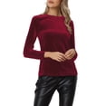 thumbnail image 1 of Blusa de terciopelo elástica de manga larga y cuello redondo para mujer Inspire Chic en color rojo vino, 1 of 6