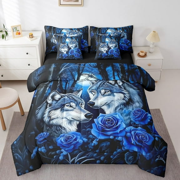 Wolf Comforter Set Twin Size,Blue Rose Flowers Bedding Set,7-Piece Bed In A Bag,Safari Couple Wolves Bedding Comforter Sets Woodland Animals Bedding Comforter Sets Teens