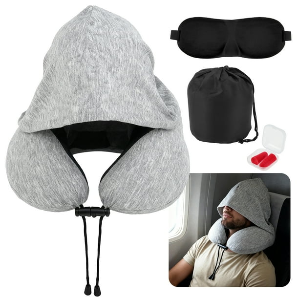 Almohada de Cuello de Viaje con Capucha para Avión, Lavable, Espuma Viscoelástica, Gris