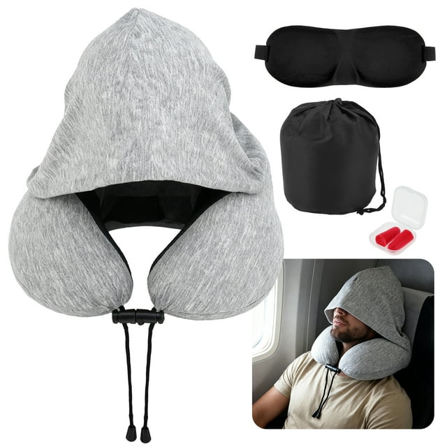 Almohada de Cuello de Viaje con Capucha para Avión, Lavable, Espuma Viscoelástica, Gris
