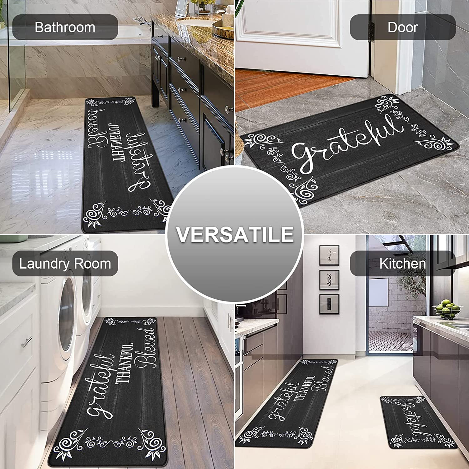 Findosom 2pcs Black Kitchen Rug Set,18"x30"+18"x47" Non-slip Anti-Fatigue Kitchen Mats Farmhouse Waterproof Kitchen Runner,Ergonomic Comfort Cushioned Standing Mat for Floor,Home,Office,Sink,Laundry