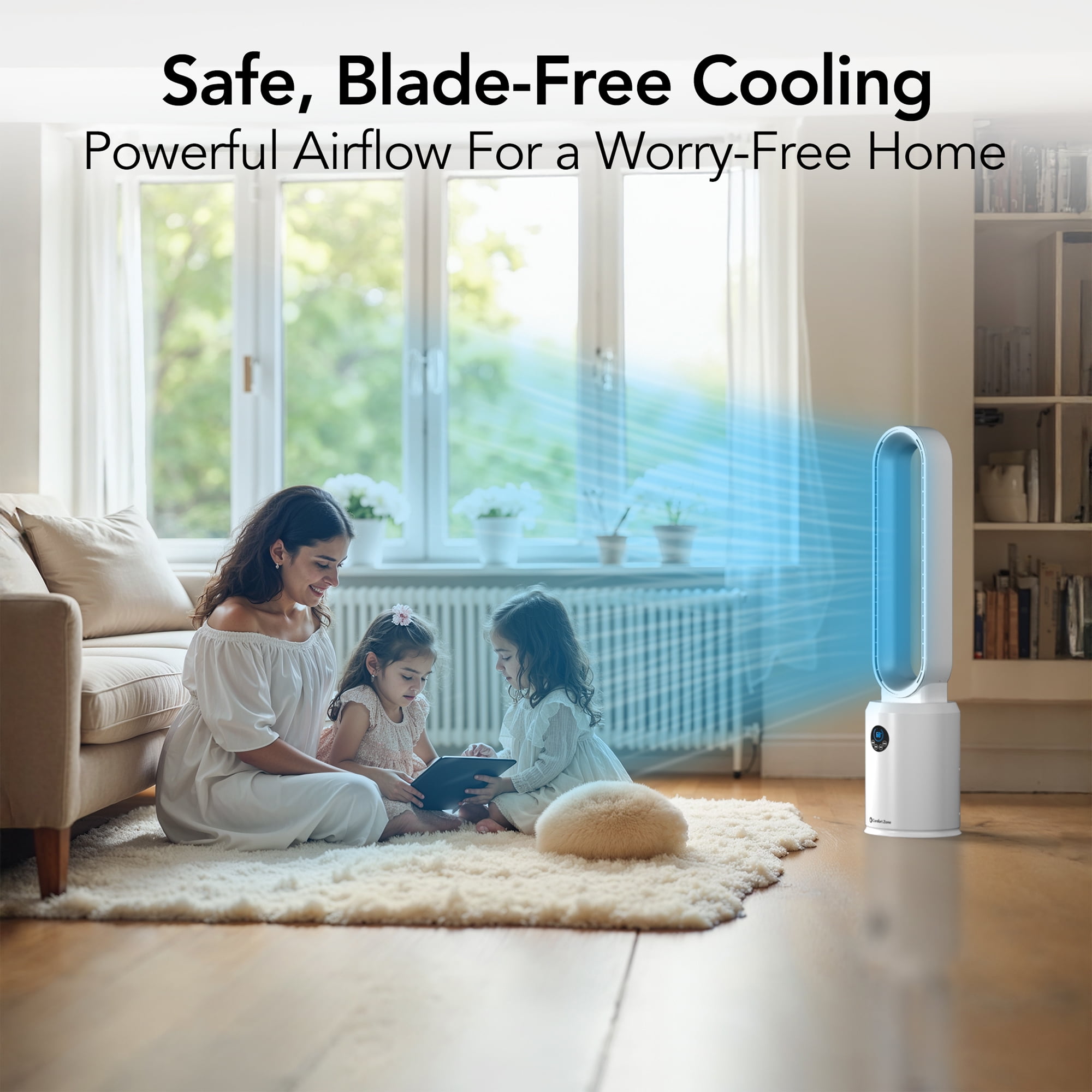 Comfort Zone 40" Bladeless Tower Fan with Remote Control, 9H Timer, White