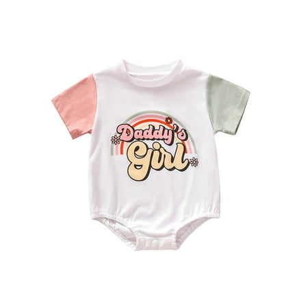

Jkerther Daddy s Little Girl Fathers Day Romper Short Sleeve Contrast Color Letter Print Newborn One Piece Bodysuit Tops Casual Outfits