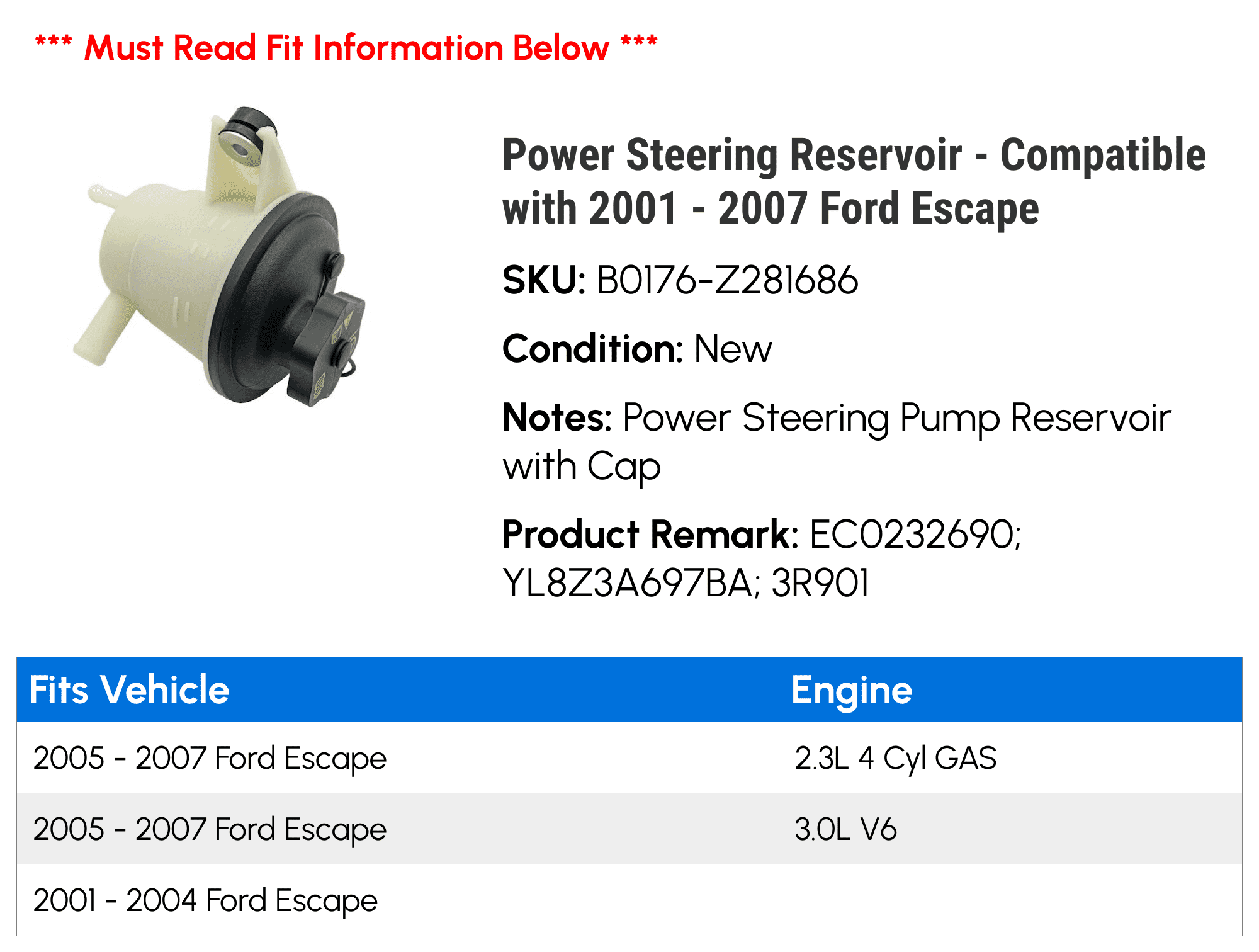 Power Steering Reservoir - Compatible with 2001 - 2007 Ford Escape 2002 2003 2004 2005 2006