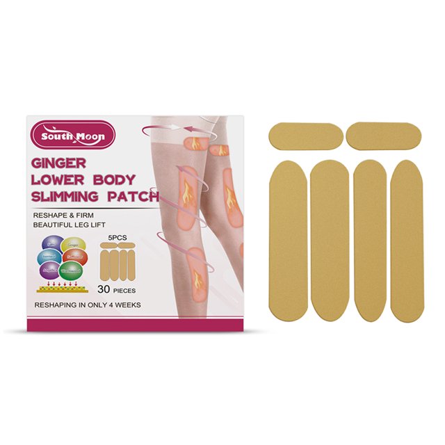 30 parches natural para quemar grasa parche para la parte inferior del cuerpo muslos piernas paquete de 30 adhesivos en tres tamaños (≈9.5×4.9 cm; 16×4 cm; 16×5.5 cm) color beige, superficie no tejida, mostrados planos junto a la caja con ilustración de muslos y marca JShteea. No usar sobre piel dañada; prohibido en embarazo y lactancia.