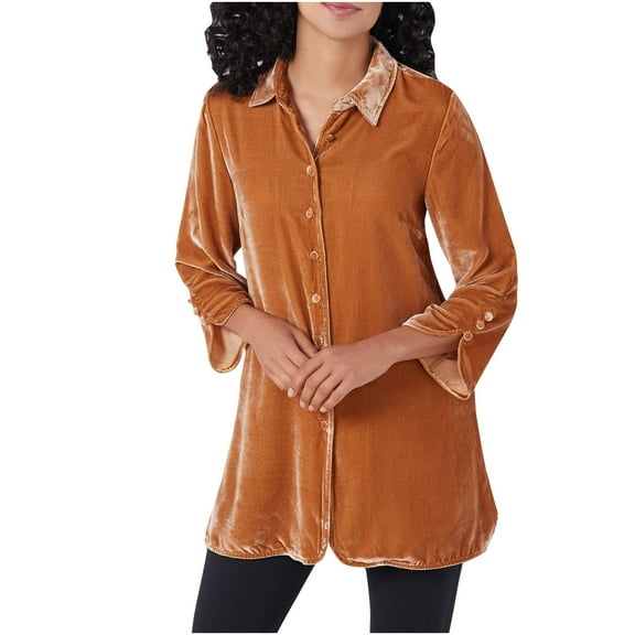 Velour Long Shirt for Women Stylish Long Sleeve Velvet Shirt Blazer Button Down Tunic Tops Slouchy Lapel Soft Blouse