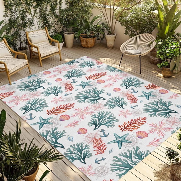 Coral Coastal Outdoor Rug for Patio/Deck/Porch, Non-Slip Large Area Rug 3 x 5 Ft, Blue Red Nautical Summer Beach Ocean Indoor Outdoor Rugs Washable Area Rugs, Reversible Camping Rug Carpet Runner