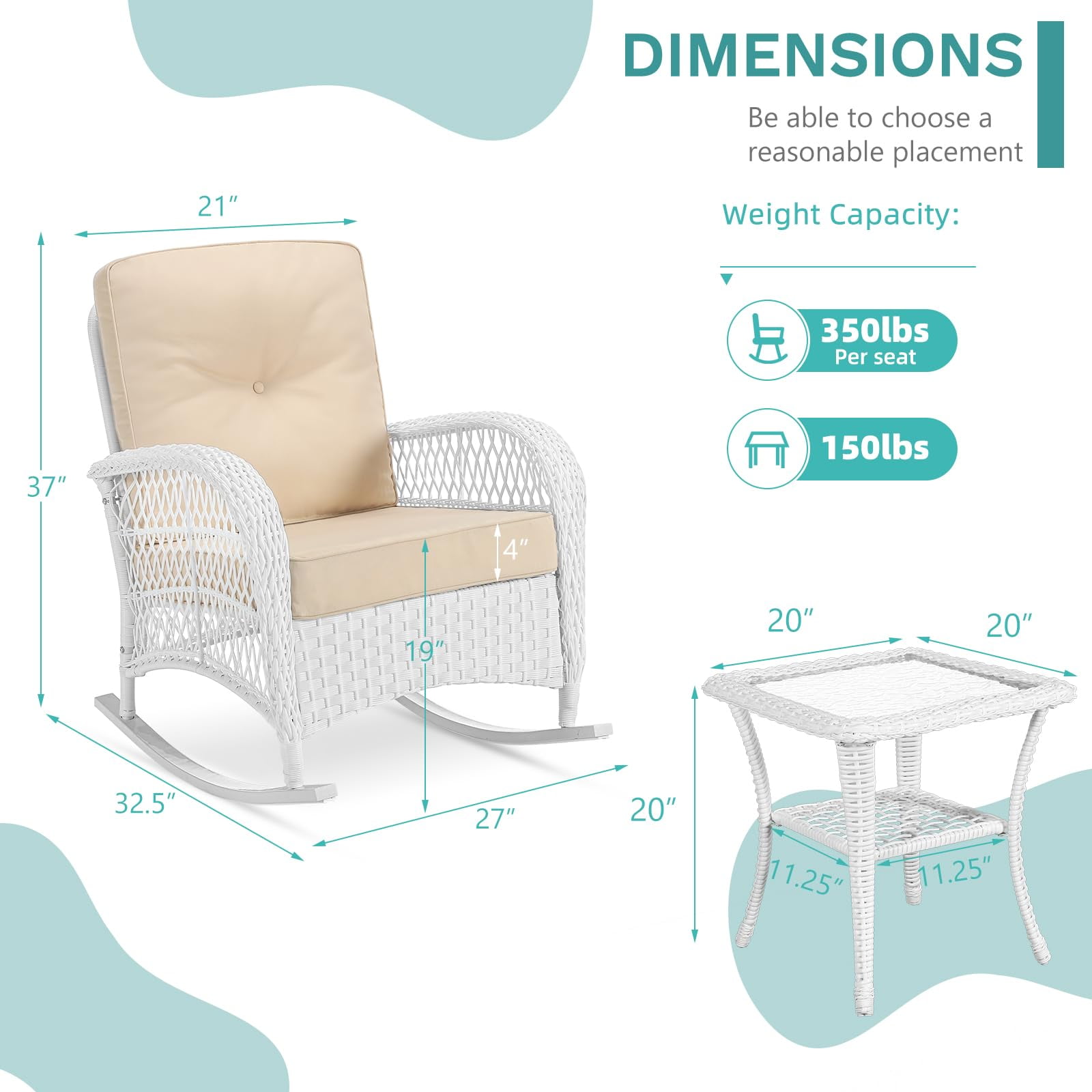 MEETWARM 3 Pieces Patio Conversation Set, Rattan Outdoor Rocking Patio Bistro Set with 2 Rockers and 1 Side Table with 4" Thick Cushions, Outdoor Furniture Set for Porch Backyard, White Wicker/Beige