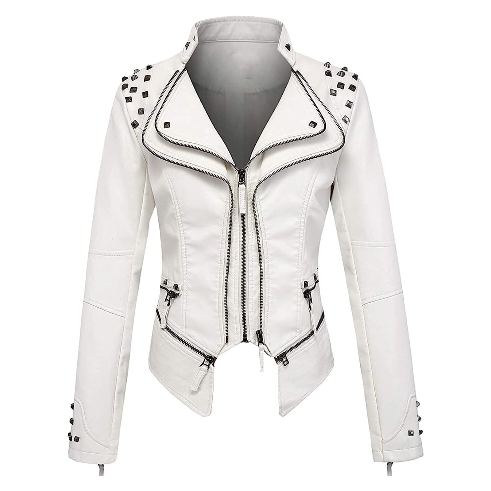 Feancey Womens Faux Leather Biker Jacket Slim Fit Fashion Studded Moto Coats Full Zip Lightweight Windbreaker Outerwear with Pockets White XXL