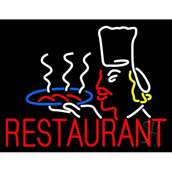 Restaurant Chef Logo LED Neon Sign 24 x 31 - inches, Black Square Cut Acrylic Backing, with Dimmer - Bright and Premium built indoor LED Neon Sign for restaurant window and interior decor.