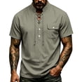 thumbnail image 5 of Landzoo Tops For Men Solid Color Short Sleeve Henley Shirt Summer Comfortable Men T Shirt Size L Army Green, 5 of 8