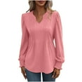 thumbnail image 2 of Abomasnow 2025 Fall Long Sleeve Tops for Womens Casual V Neck Pleated Front Shirts Solid Smocked Cuffs Sleeves Tunic Blouse Casual Loose Fashion T Shirts, 2 of 6
