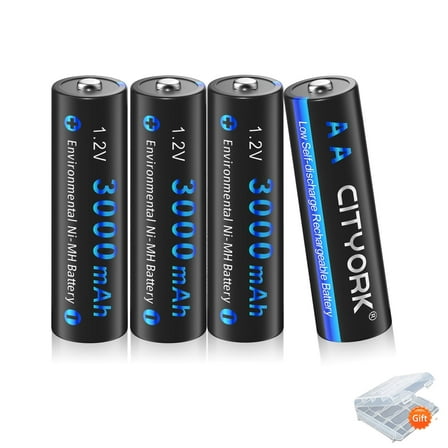 CITYORK 4 Pack 3000mAh AA Batteries 1.2V Ni-MH High Capacity Double-A Rechargeable Batteries with Battery Case