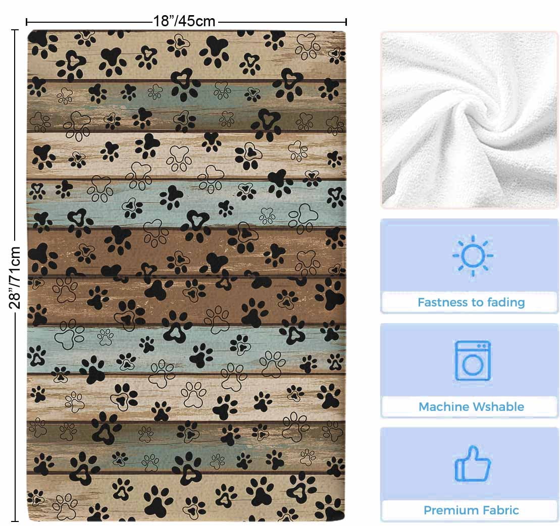 Dog Paws Printed Kitchen Towels Set of 2, Vintage Teal Brown Wooden Farmhouse Soft Microfiber Dish Towels, Absorbent Quick-Dry Washable Dishcloths for Kitchen Cleaning, Drying Dishes, 18x28 Inches
