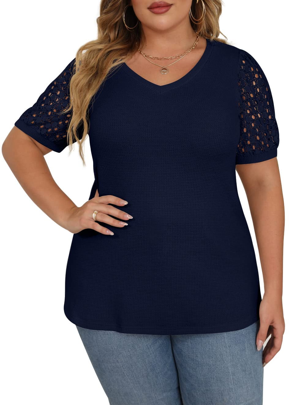 JWD Plus Size Tops For Women Summer Blouse Waffle Knit Short Lace Sleeve Shirts Plus Size Womens