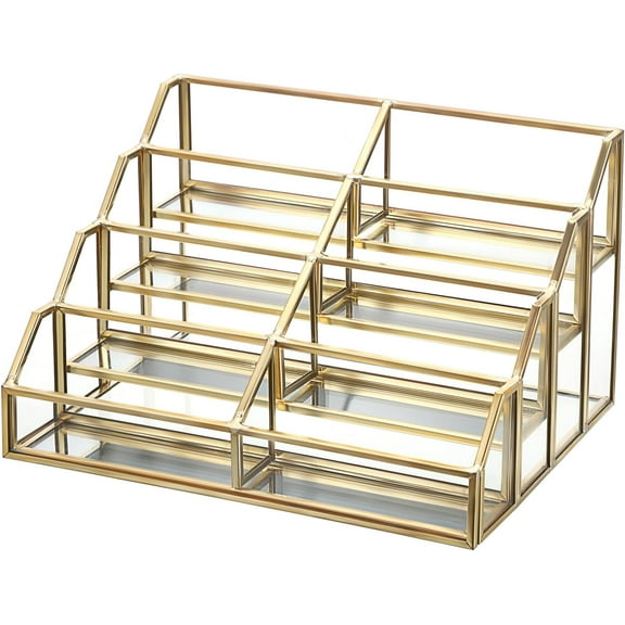 Mirrored Glass Business Card Holder Gold Business Card Display Stand for Desk Multiple Clear Business Card Holder Display for Office Desktop Cards Display Stand for Women Men, 8 Slots