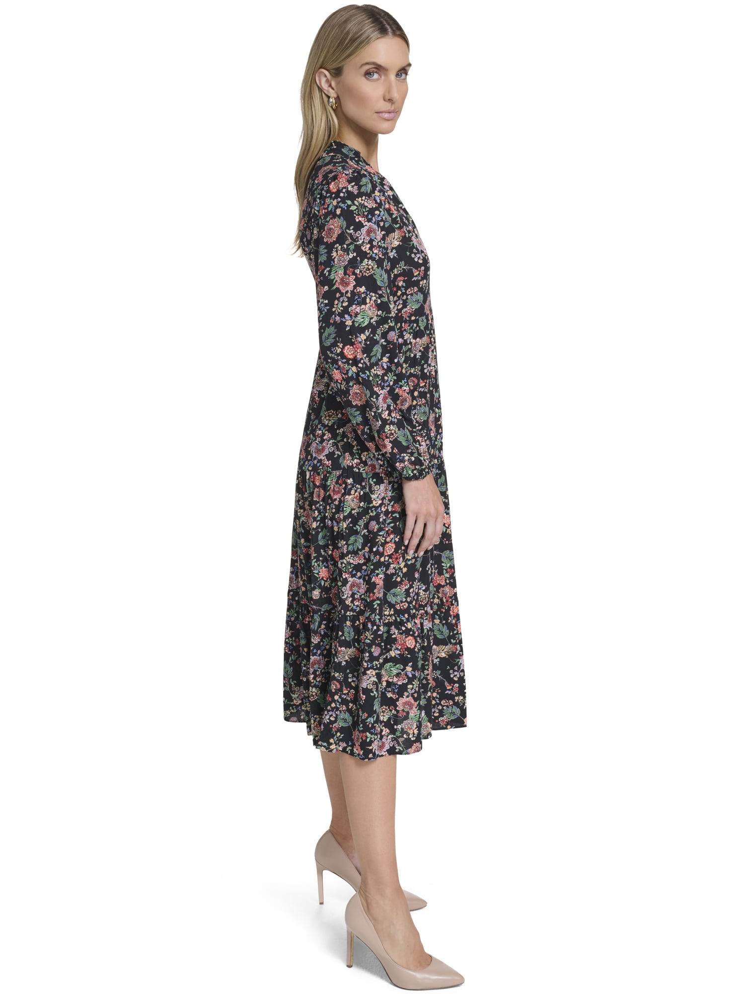 Falling Flowers Women's Notch Ruffle Collar Tiered Midi Dress, Sizes XS-XL