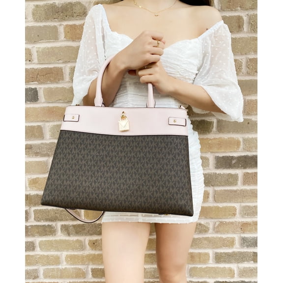 Michael Kors Gramercy Large Logo Leather Satchel Brown Powder Blush Pink