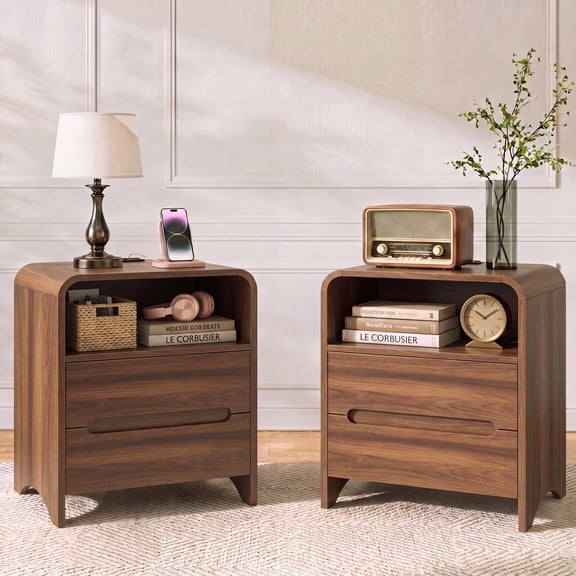 Easoger Nightstand Set of 2 with Drawers, Modern Minimalist Side Table with Storage Shelf, 19" End Table for Bedroom Living Room, Walnut