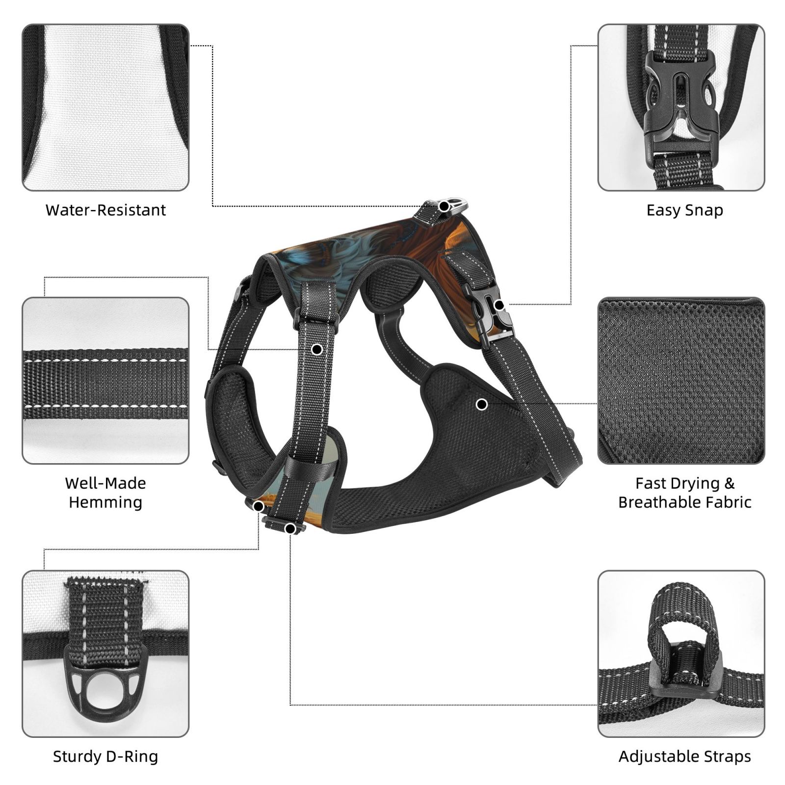 Vsdgher Prairie Meditating Lion Pattern Dog Harness,No Pull Pet Harness with Soft Padded Handle,Adjustable Reflective Vest with 2 Buckles,4 Slide Buckles,S-XL Large