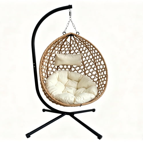 Foldable Hanging Egg Chair with Stand, HDPE Rattan Wicker Swing Chair with Cushion, Heavy Duty Frame 350 Lbs Capacity, Outdoor Patio Indoor Bedroom Balcony, Beige Yellow