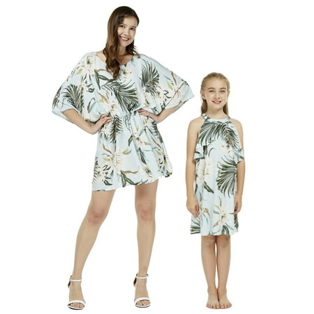 

Mother & Daughter Matching Hawaii Luau Poncho Dress Girl Round Neck Ruffle in Wispy Cereus Black