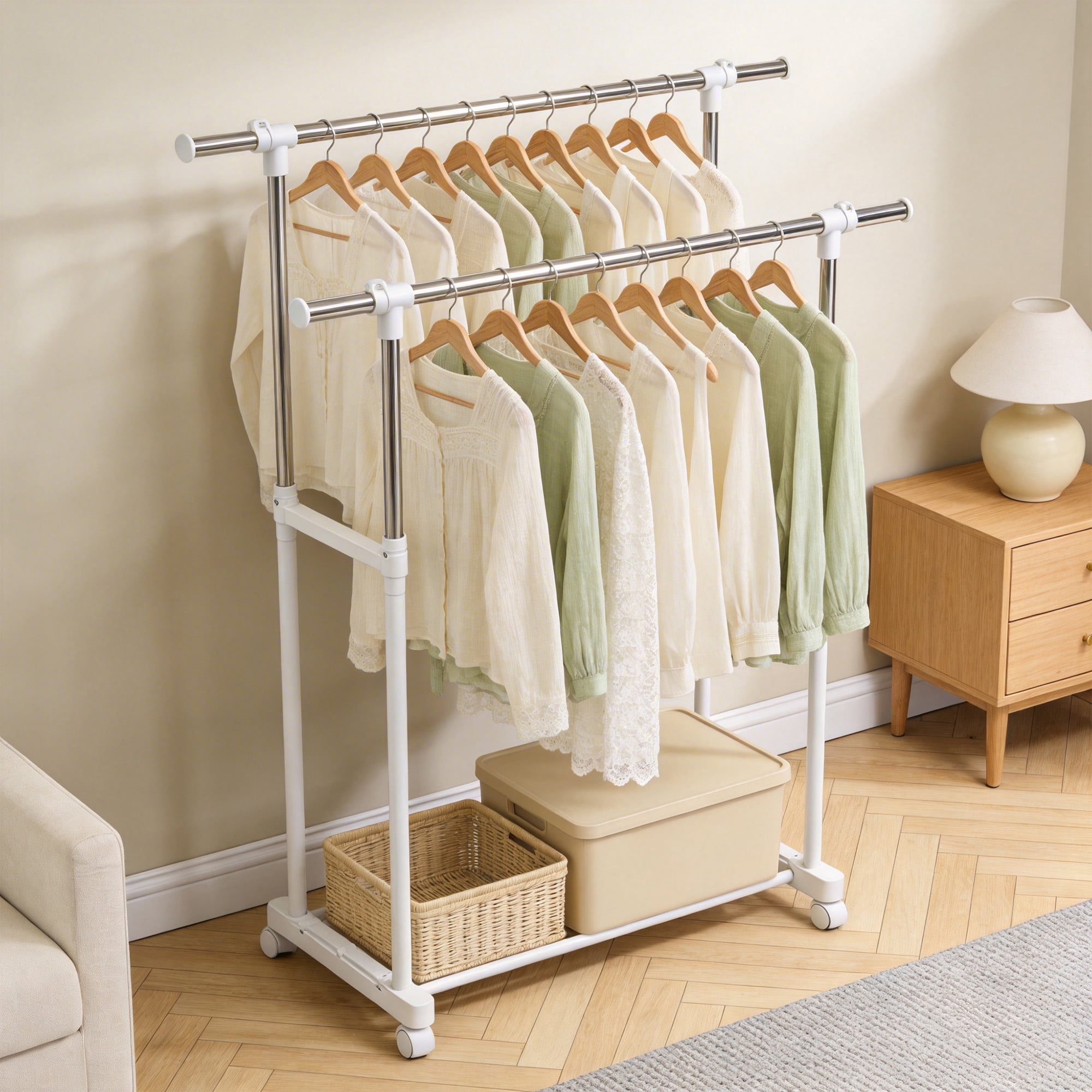 GARITIN Clothes Rack, Double Rods Rolling Clothing Rack, Portable Garment Rack with Wheels, Adjustable Height & Width, for Bedroom Laundry Room, White