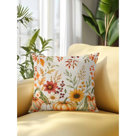 Outdoor Pillows Waterproof, Orange Green Fall Bedding Throw Pillows with Insert for Couch Sofa Bed, Thanksgiving Leaf Pumpkins Farmhouse 18x18 Inch Pillowcases Decorative Patio Pillow Set of 1