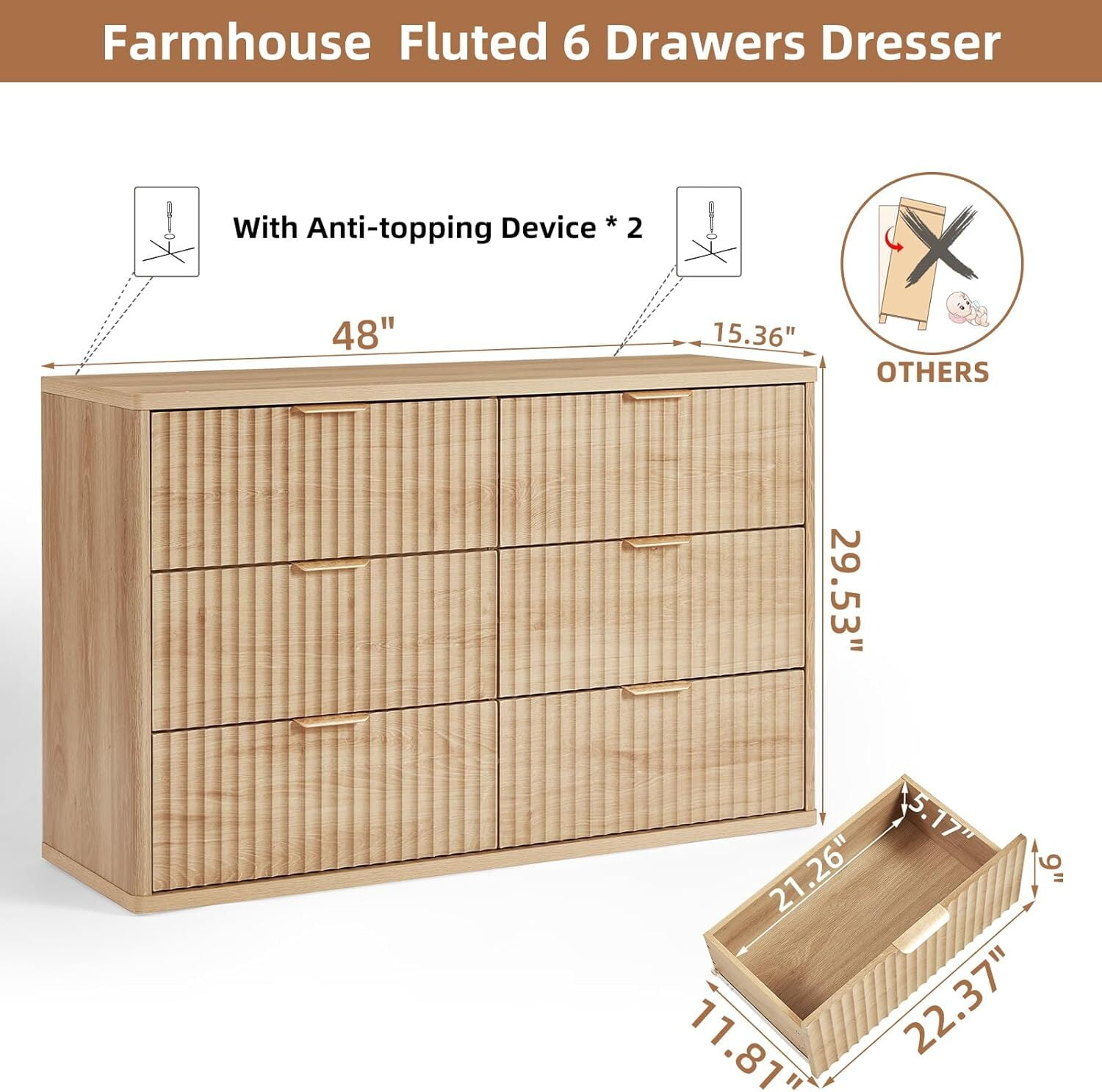 6 Drawer Dresser for Bedroom, 48" Width Fluted Wood Chest of Drawer with Golden Embedded Handles for Living Room, Natural Oak