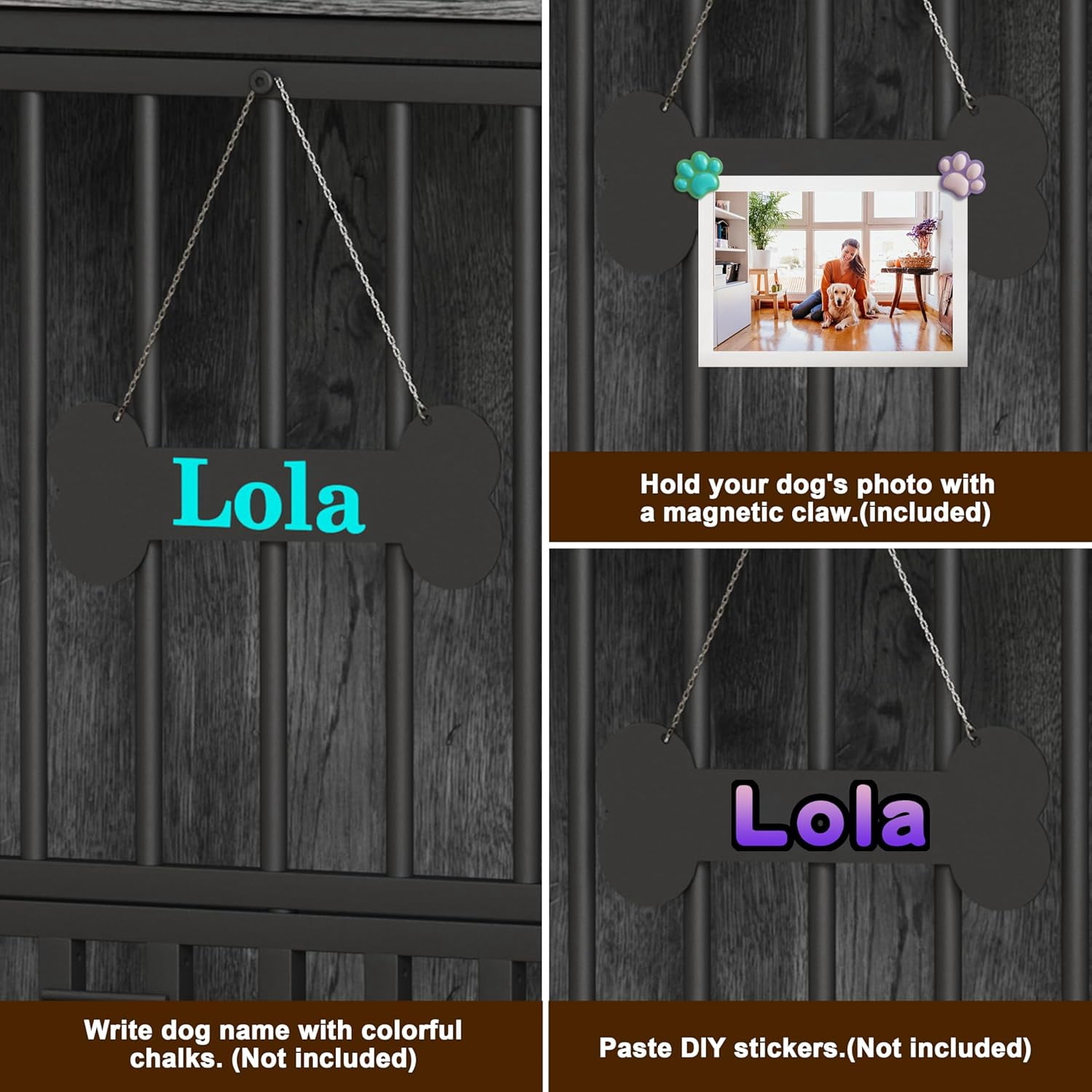 POAO Foldable Large Dog Crate Furniture, 41.3" Assembly-Free Dog Crates for Large Dogs, Decorative Wooden Dog Kennel Indoor with Tag & Dog Bowls