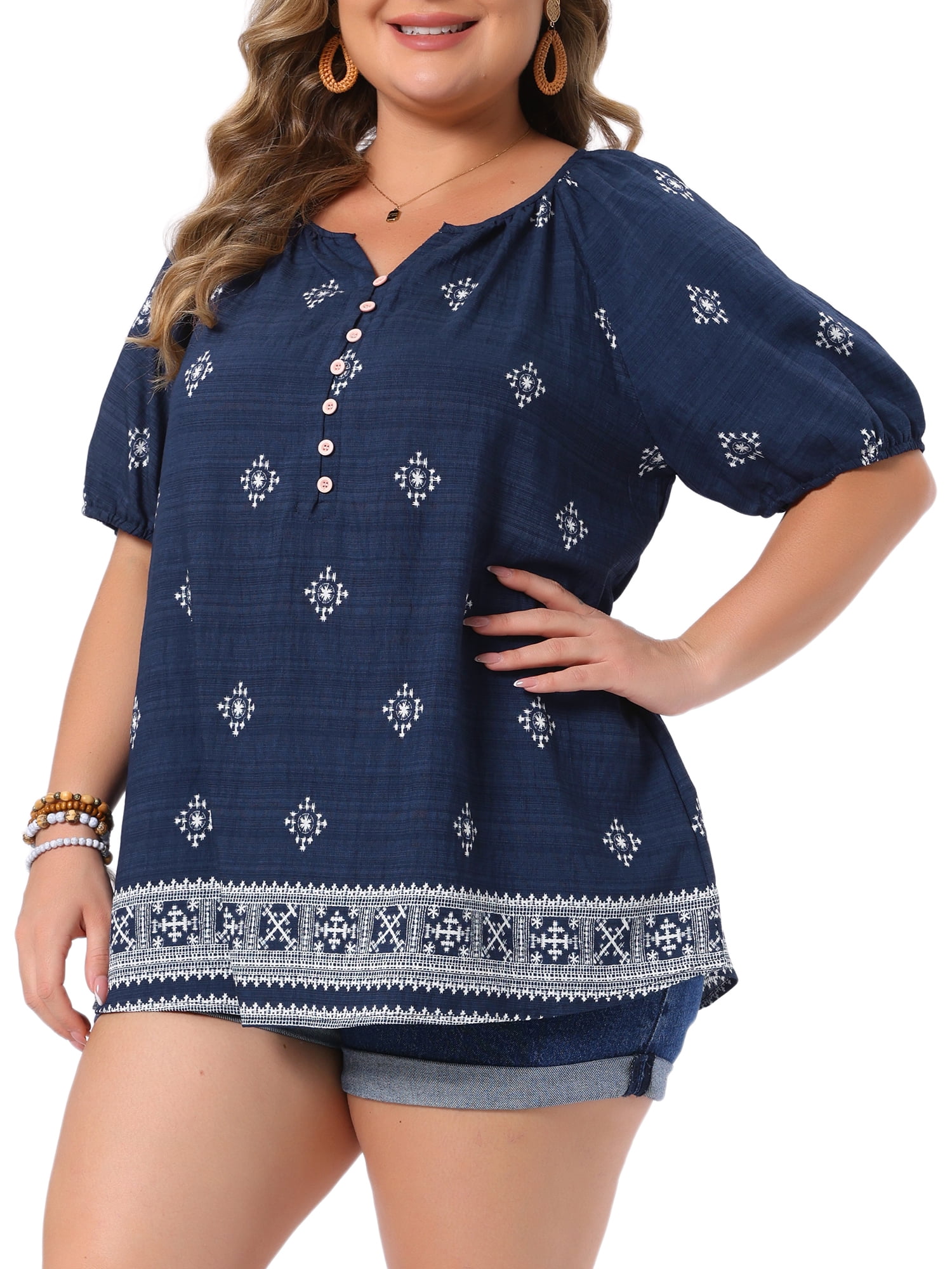 DARING DIVA Women's Plus Summer Top V Neck Short Sleeve Blouses 2X Navy Blue
