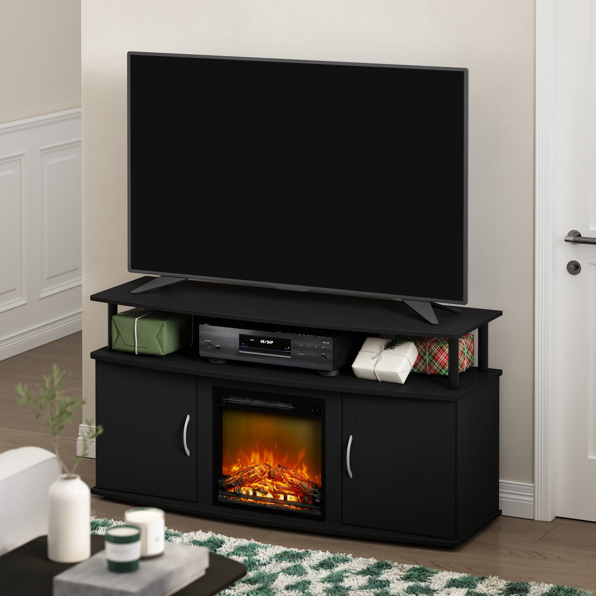 Furinno Jensen Living Room Fireplace Entertainment Center with Doors Storage Cabinet for TV up to 55 Inch, Americano/Black
