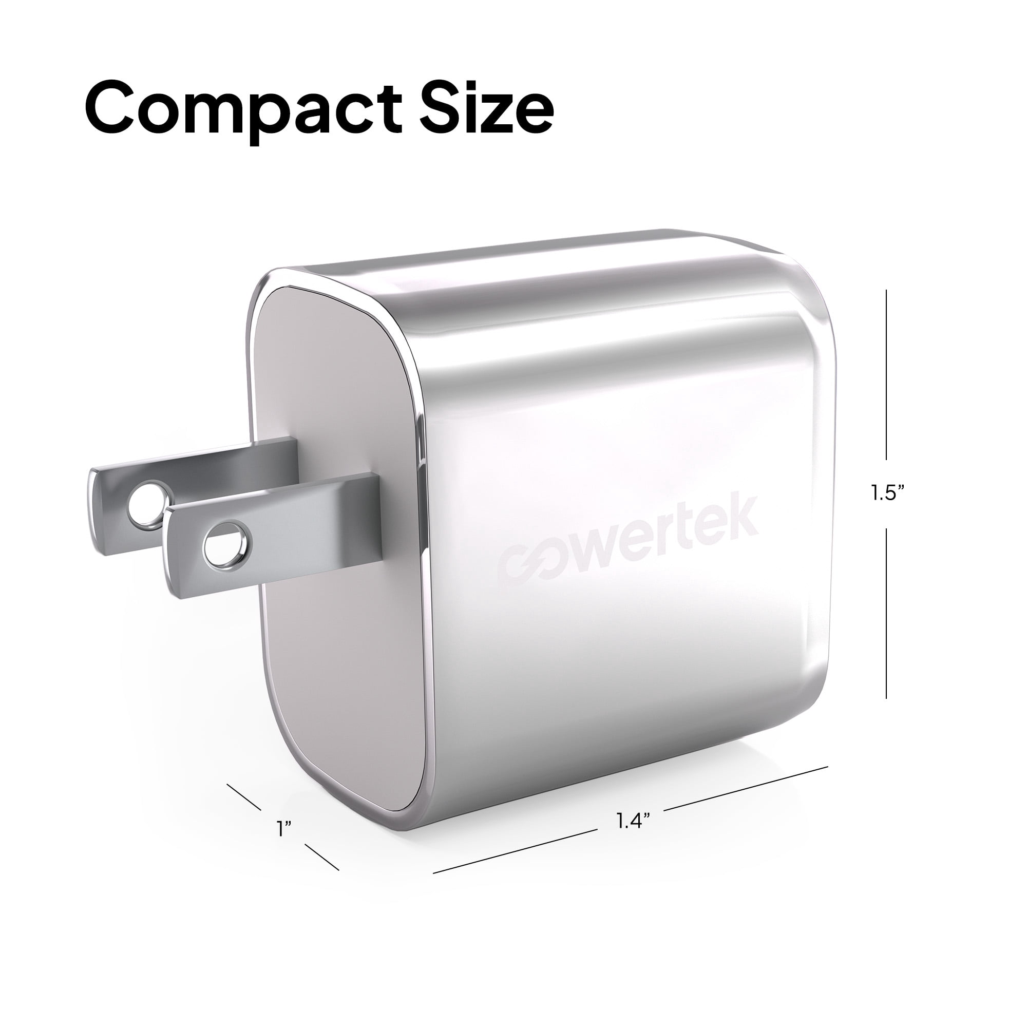Powertek Luxe 20W USB-C + 18W USB-A Fast Charging Dual Port Block, Silver, Compatible with iPhone, Android, Tablets & USB Devices, Compact Travel Adapter