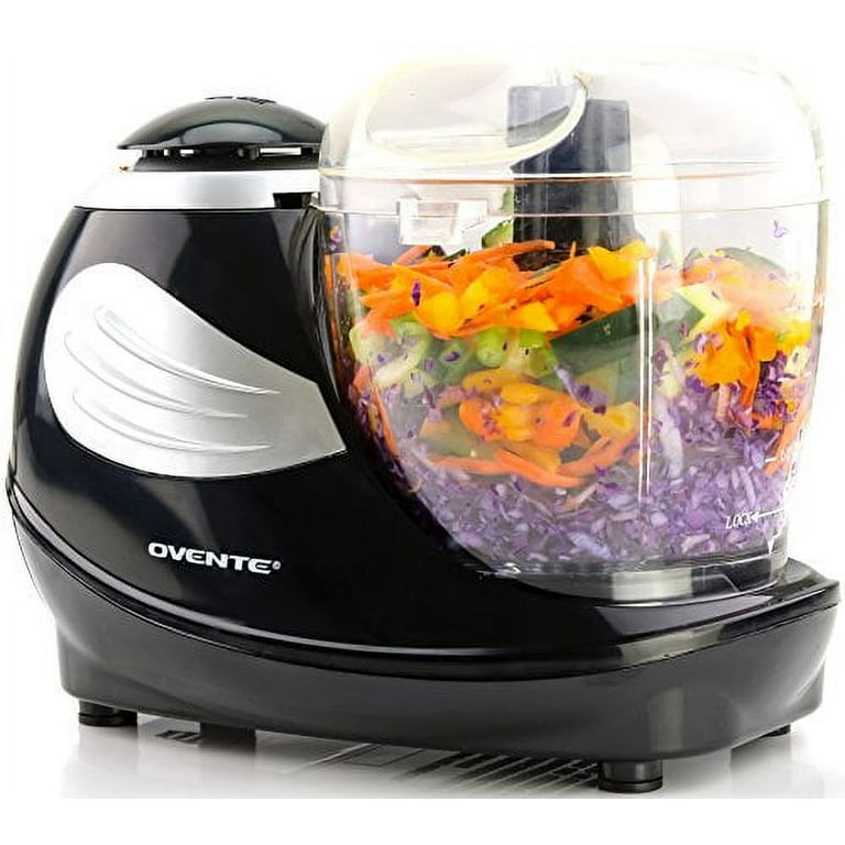 Ovente 1.5-Cup Single Speed Black Mini Food Processor Chopping Blade, Mixer, Shredding/Slicing Disc